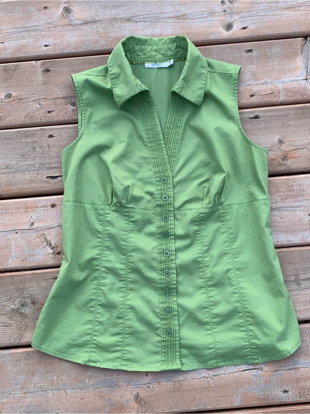 VTG Y2K Sleeveless Green Button Down Blouse Tank Collar Pintuck details sm-med